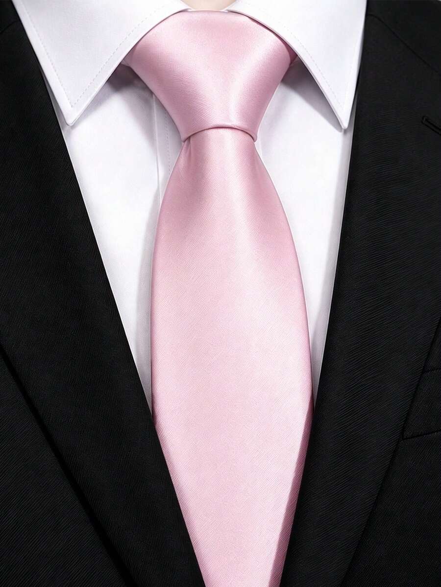 1pc Solid Color Satin Men's Tie, Suitable For Business And Wedding, 7cm - Pink - View 1