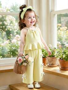 Baby Girls' Solid Color Spaghetti Strap Bowknot Ruffle Hem Top And Straight Leg Pants 2 Pieces Outfit, Suitable For Daily Outings In Spring/Summer - Mustard Yellow - View 4