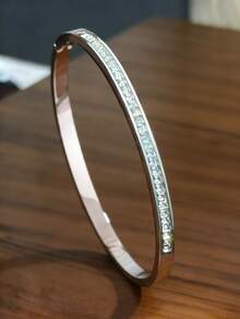3/1 Piece New High-Quality Stainless Steel 18K Gold-Plated Women's Jewelry Bangle Set / Sparkling Crystal Heart-Shaped Zirconia Women's Jewelry Set, Copper Inlaid Synthetic Zirconia Open Yellow Gold Women's Jewelry, Fashionable Women's Daily Wear Bracelet Set, Perfect Gift For Festivals/Summer/Beach/Vacation/Girlfriend - Silver - View 4