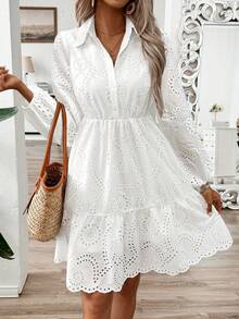 xheBreezaya Vestido de manga larga con manga de farol hueca para mujerxhe - Blanco - Ver 1