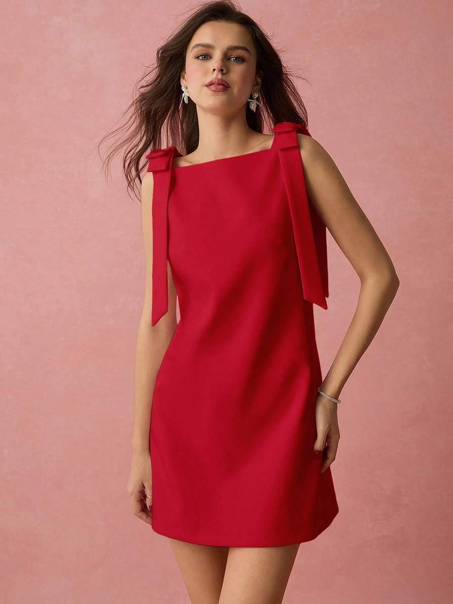 2026 Vestido mini sin mangas elegante de unicolor con decoración de moño para mujeres - Rojo - Ver 1