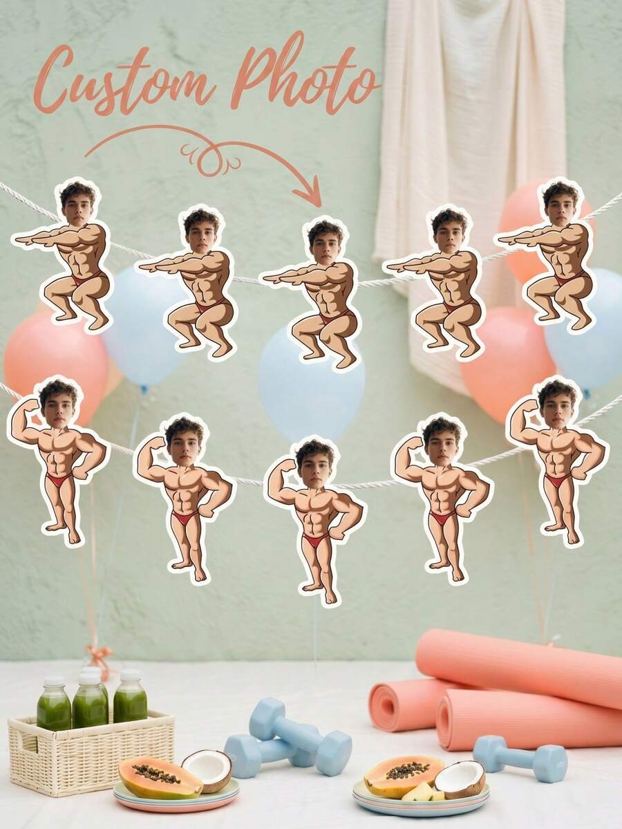 6/12/18pcs Custom Photo Muscle Man Banner,Muscle Man Cutout Bunting For Boys Gym Birthday,Workout Theme Photo Bunting For Bachelorette,Gym Buff Garland For Bachelor Party Decor - Multicolor - View 1