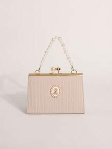 1 pieza Bolso con cierre de beso de PU a rayas caqui, decoración con hebilla de perla, insignia con retrato de la reina al estilo del palacio francés, bolso de mano con asa de perla, bolso de vestido de noche, embrague de fiesta de alta gama - Caqui - Ver 7