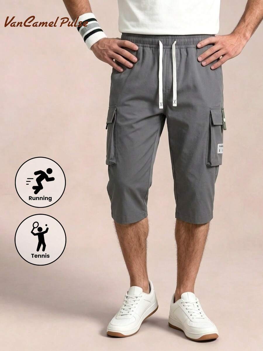 Vancamel Pulse Men's 7/8 Length Pants, Solid Color Functional Style Multi-Pocket Long Pants, Loose Fit Minimalist Cargo Pants, Versatile Workout Sports Pants - Grey - View 1