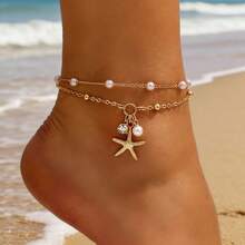 2 Bohemian Beach Style Gold Plated Anklets, Double Chain With Starfish, Pearl And Rhinestone Pendants, For Women - Multicolor - View 1