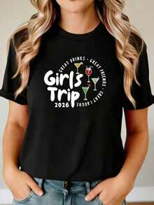 Casual Blouses For Women, Black T-Shirt With "Girls Trip 2026" Design, Cocktail Glasses And The Phrase "Great Drinks Great Friends Great Laughs", Short Sleeve, Women's Tops Ideal For Trips With Friends And Summer 2026. - 黑色 - 查看 1