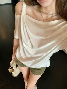 Casual Twist Shoulder Short Sleeve T-Shirt, Fitted Retro Style Slim Top For Women, Summer White - White - View 5