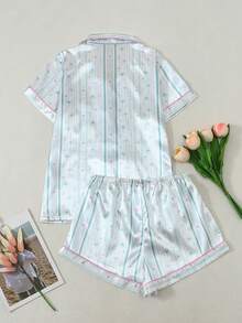 Striped Floral Heart Print Women's Satin Short Sleeve Shorts Pajama Set - Green - View 9