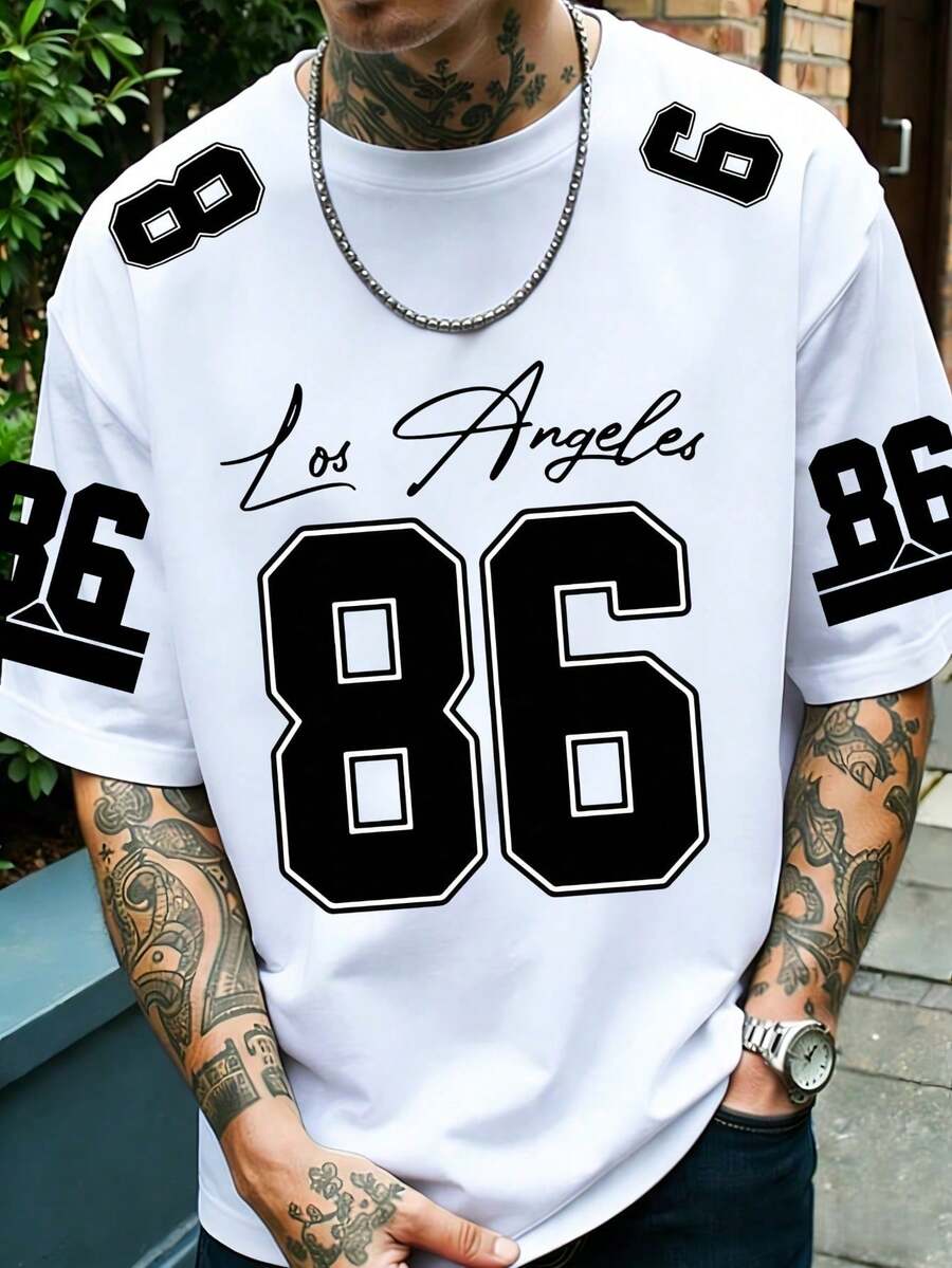 Camiseta gráfica para hombre con el número 86 y un patrón de letras "Los Ángeles" manuscritas, suelta y cómoda, adecuada para actividades casuales, deportivas y de campus, hecha de tela de poliéster, de secado rápido y fácil de lavar - Blanco - Ver 1