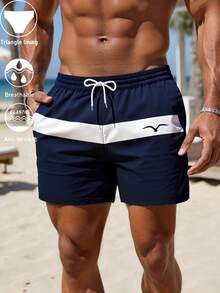 Men's Navy Blue & White Striped Swim Trunks, Quick-Dry Elastic Waist Beach Shorts With Triangle Liner - Multicolor - View 6