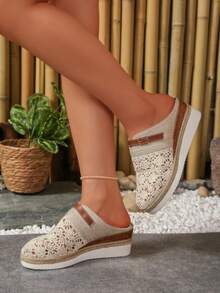 New Women's Fashion Hollow Woven Rope Bottom Thick Sole Wedge Sandals, Slip-On Comfortable Lightweight Breathable Versatile Mule Flat Sandals - Beige - View 4