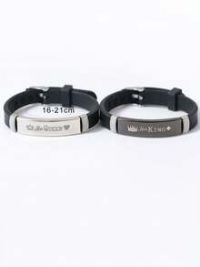 ATLVXJL 2pcs Couple Crown & Letter Detail King Queen Rectangular Silicone Bracelet, Suitable As Holiday Gift For Women - Multicolor - View 10