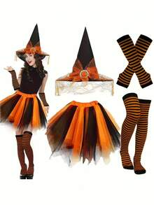 Disfraz de Bruja Púrpura & Negro para Mujer, Conjunto de Cosplay de Halloween, Incluye Falda de Tul, Sombrero de Bruja, Calcetines a Rayas & Mangas para Brazos, Atuendo de Carnaval, Mascarada, Cosplay, Halloween, Fiesta Temática, Accesorio de Fotografía - Multicolor - Ver 2
