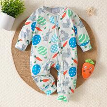 Newborn Baby Cute Rabbit & Carrot Print Romper, Suitable For All Seasons - Multicolor - View 2