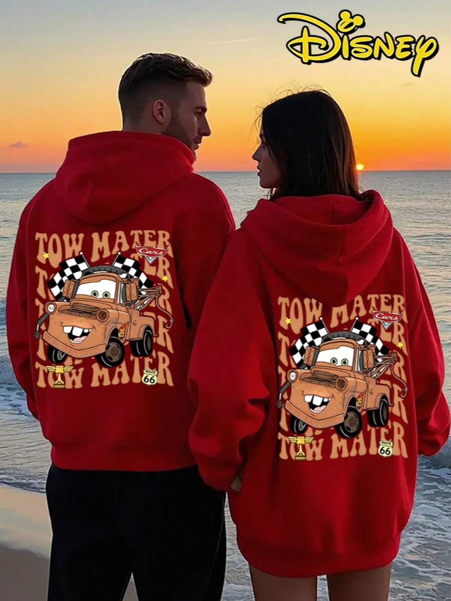 Couples Disney Cars Tow Mater Print Hooded Sweatshirt, Casual Loose Streetwear Hoodie, Sold As Single Piece 1pcs - Màu đỏ dành cho nữ - Xem 1