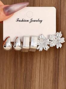 3-9 pares de pendientes de aro de plata para mujer, con diseño grueso hipoalergénico con patrón floral y decoración de cadena, adecuado para uso diario o fiesta, accesorio de joyería de moda - Plateado - Ver 8