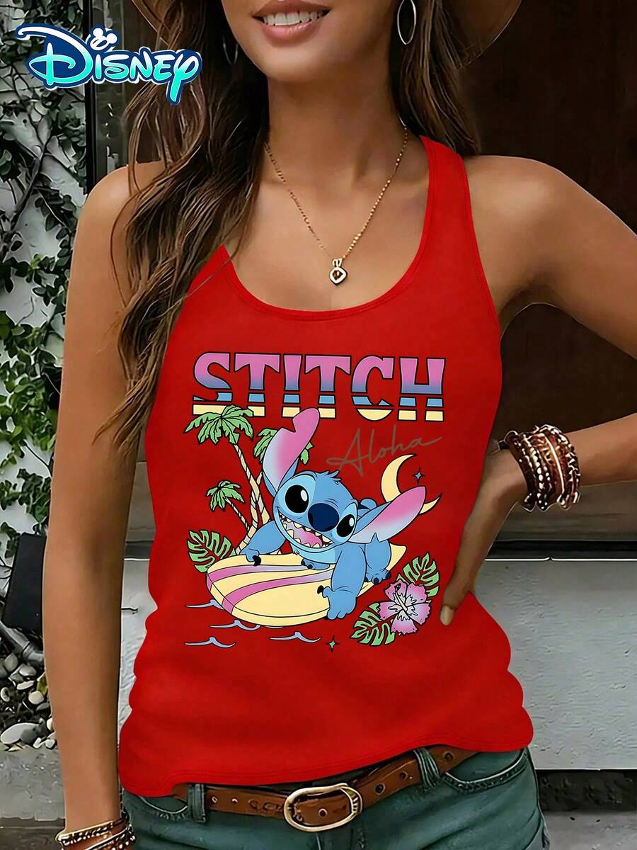 Disney Official Authorization | Women's Casual Round Neck Sleeveless Vest. Featuring Stitch, Combined With Hawaiian Surfing And Tropical Elements, It Is Fresh And Healing. It Is A Must-Have Item For Daily Wear And An Ideal Choice For Creating A Vacation Style Look. - Đỏ - Xem 1