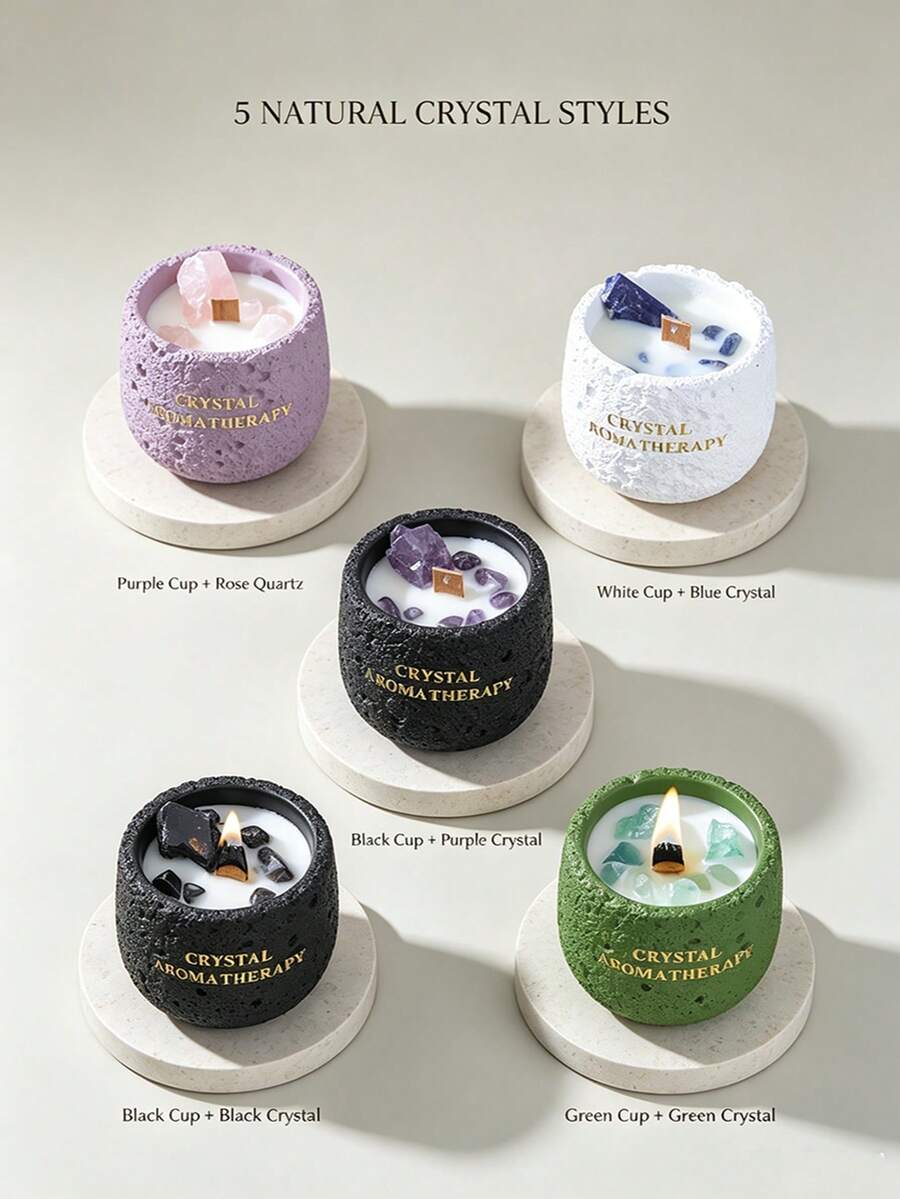 5 Colors Crystal Aromatherapy Candles, Wabi-Sabi Volcanic Texture Cement Cup, Smokeless Plant Wax With Natural Crystal, 8-12 Hours Burn Time, Style Home Decor, Wedding Holiday Gift - Crystal Scented Candles - View 1