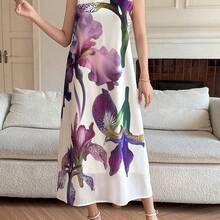 WNS  Vestido de verano de dama de honor con estampado floral elegante, cuello redondo y sin mangas, de largo medio - Azul - Ver 5
