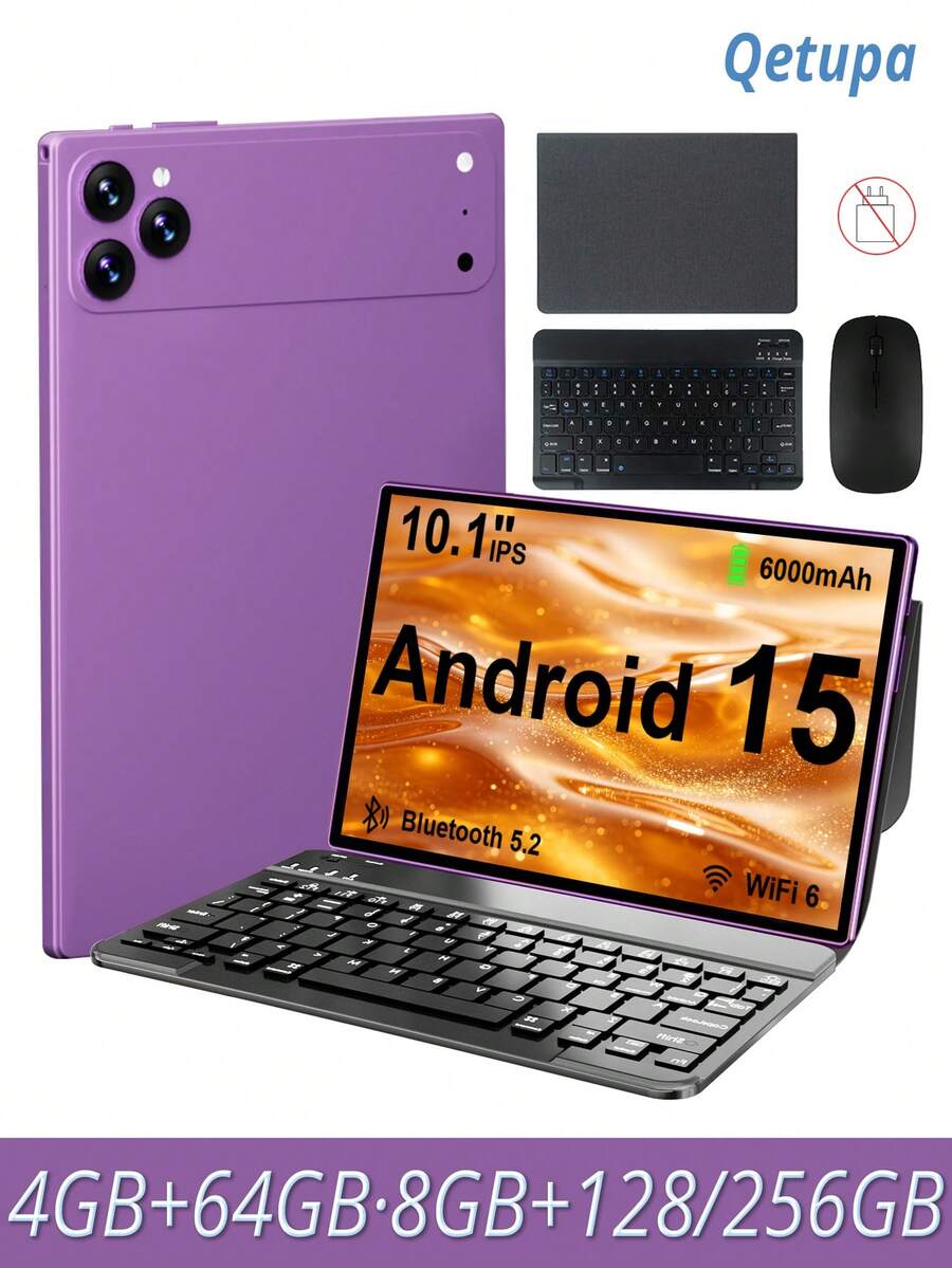 Qetupa 10.1 吋 Android 15 平板電腦,附保護殼、鍵盤與滑鼠,4GB RAM + 64GB ROM/8GB RAM + 128GB/256GB ROM(支援 1TB SD 卡擴充),5MP 前置鏡頭與 13MP 後置鏡頭,6000mAh 電池(不含適配器) - 淡紫色 - 查看 1