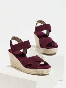 Damen Neue Mode Vielseitige Gewebte Kreuzriemen Bequeme Plateau Keilabsatz Sandalen, Burgunderrot,Sommerschuhe - Bordeaux - Übersicht 8