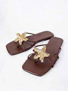 New Women's Fashion Summer Casual Vacation Style Slip-On Flat Brown Sandals With Metal Flower Decoration PU Strap Toe Loop Square Toe,Flip Flops - Brown - View 7