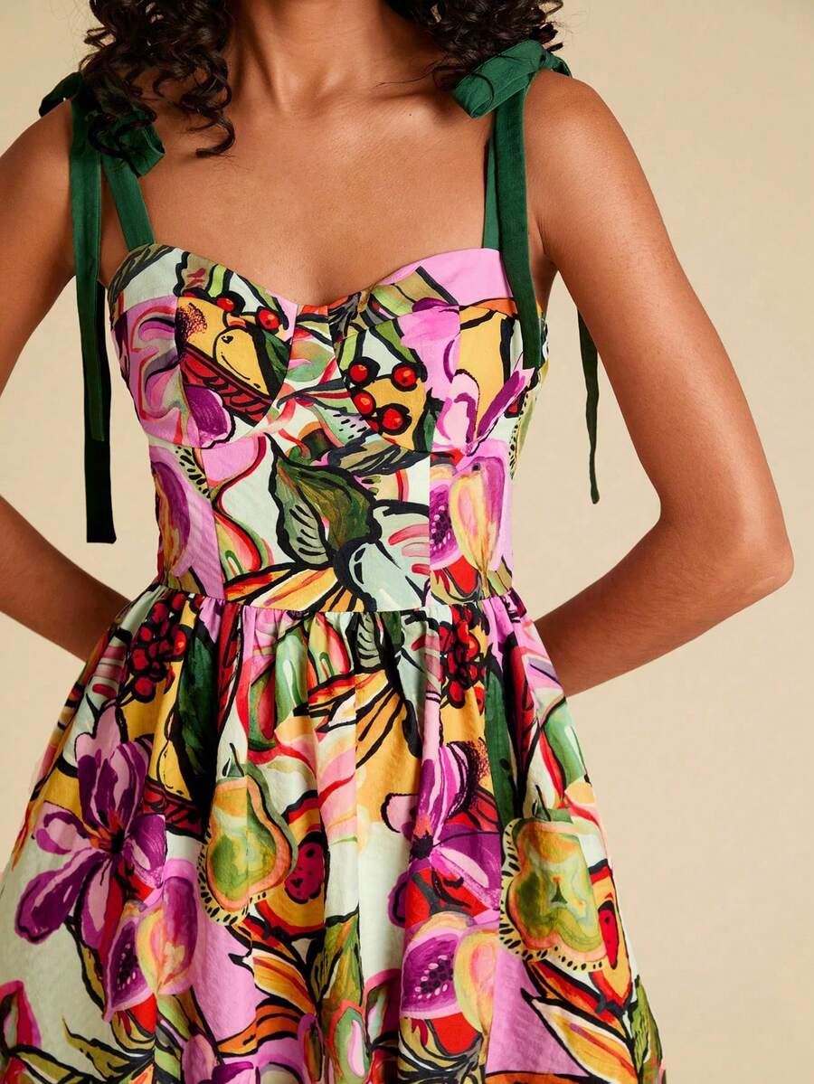Printed Woven Spaghetti Strap Midi Dress For Holidays - 杏色 - 查看 1