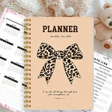 1PC A5 Back To School 2026.1-2028.12 Planner, Leopard Print Bow And Scripture Quote Design - Thickened Anti-Bleed Paper, Spiral Bound Portable Notebook, Suitable For Diary Recording, Goal Planning, Gel Pen And Marker Writing - 3N-bow - View 1