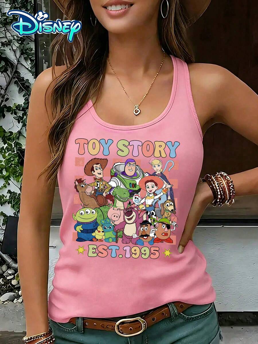 Disney Official Authorization | Women's Casual Round Neck Sleeveless Vest. Featuring A Group Of Characters From Toy Story, Paired With A Retro And Vintage Style Design, It Is Both Playful And Full Of Memories. It Is An Age Reducing Item For Daily Wear And An Ideal Choice For Fans To Collect. - Pink - View 1