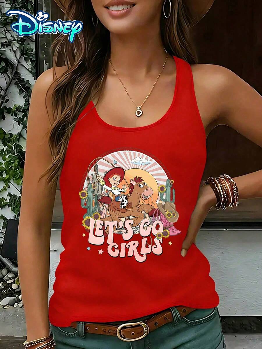 Disney Official Authorization | Women's Casual Round Neck Sleeveless Vest. Featuring Cuisi From Toy Story, Paired With Western Cowboy Style Prints, It Exudes Vitality And Playfulness. It Is An Age Reducing Item For Daily Wear And An Ideal Choice For Creating A Dynamic Look. - Đỏ - Xem 1