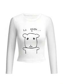 Kaos Wanita Lengan Panjang Leher Bulat, Motif Kartun & Huruf Musim Semi/Gugur Terbaru, Gaya Amerika yang Chic, Atasan Pendek Kasual Modis - Putih - View 3