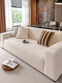 1pc Solid Color Plush Stretch Sofa Cover, Foam Rod Fixed Anti-Slip Pet-Friendly, Suitable For All Seasons Vacation Leisure Holiday Decor, Fit For Combination Sofa, Chaise Lounge, Straight Sofa - Beige - View 5