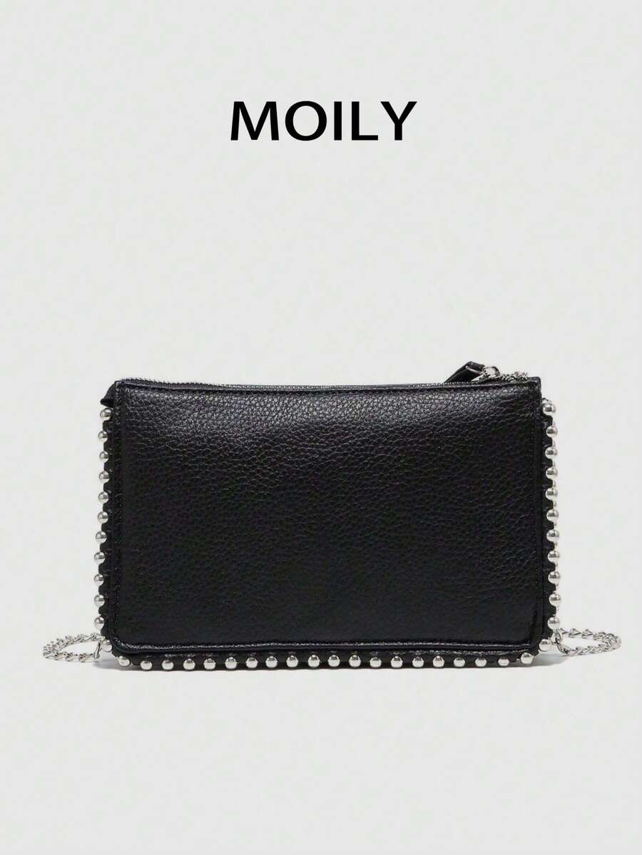 2025 New European And American Style Chain Small Square Bag, Fashion Rivet Pearl Decor, Versatile Shoulder Handbag - Black - View 1