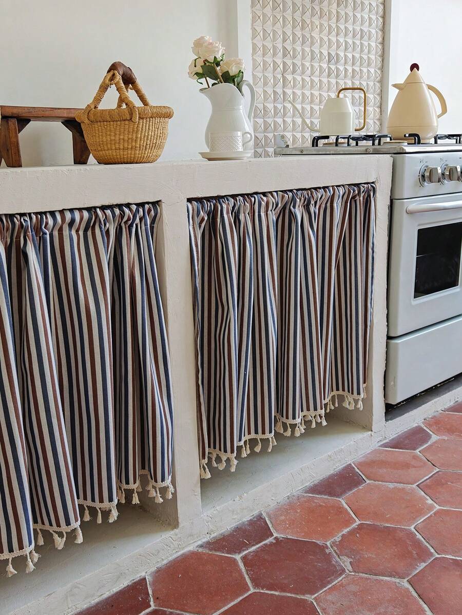 1pc Boho Pattern Cabinet Cover Curtain - Fringed Tassel Decor ,No Curtain Rod Included, Retro Pastoral Romantic Style Pattern Semi Blackout Beige Tassel Window Curtains, Rod Pocket Classic Cafe Country Farmhouse Kitchen Curtains