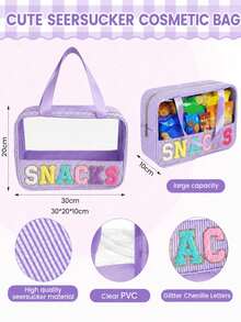 1Piece Women Seersucker Beach Snacks MEDS Bag Chenille Letter Clear Sunscreen SPF Makeup Bag With Handle And Zipper Seersucker Stripe Preppy Girls Cosmetic Pouch For Storage Travel Organizer - Multicolor - View 8