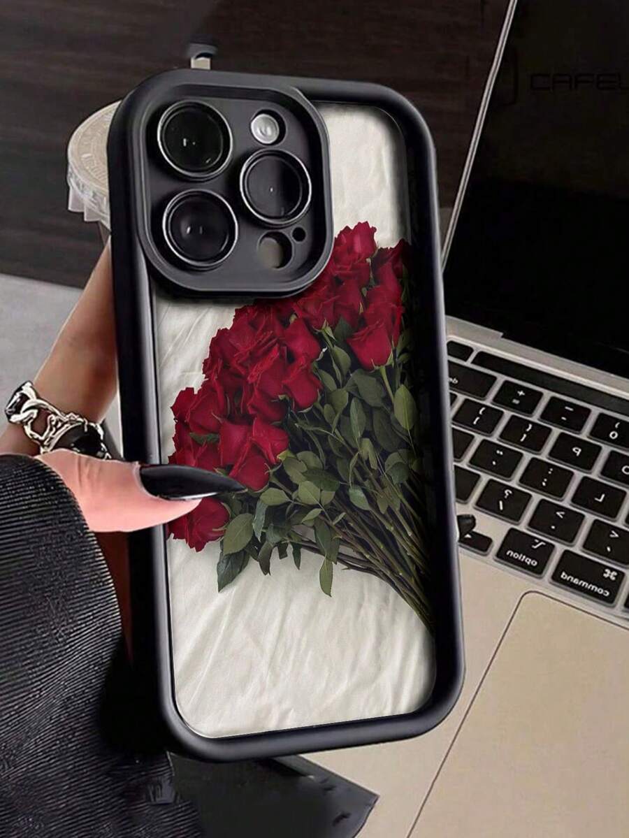 1個酒紅色浪漫紅玫瑰全包覆TPU防震手機殼,適用於Apple 16 15 14 13 12 11 Pro Max - 彩色 - 查看 1