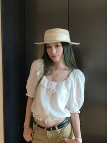 白色提花女款夏季法式風優雅修身蕾絲亞麻襯衫 - 白色 - 查看 2