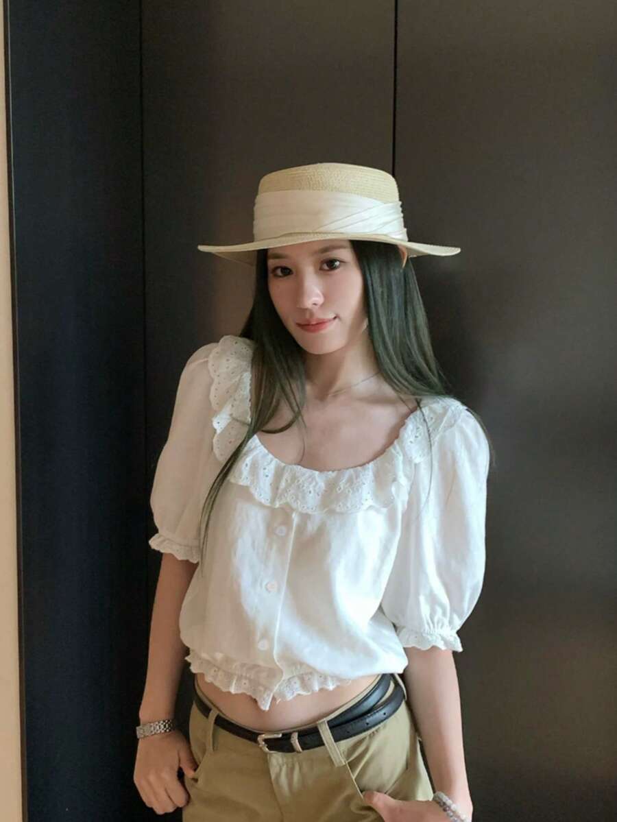 白色提花女款夏季法式風優雅修身蕾絲亞麻襯衫