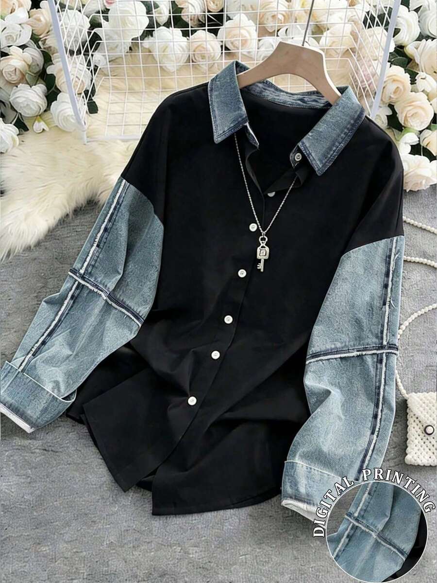 Camisa casual de manga larga, holgada y de un solo abotonado con adorno floral para mujer - Multicolor - Ver 1
