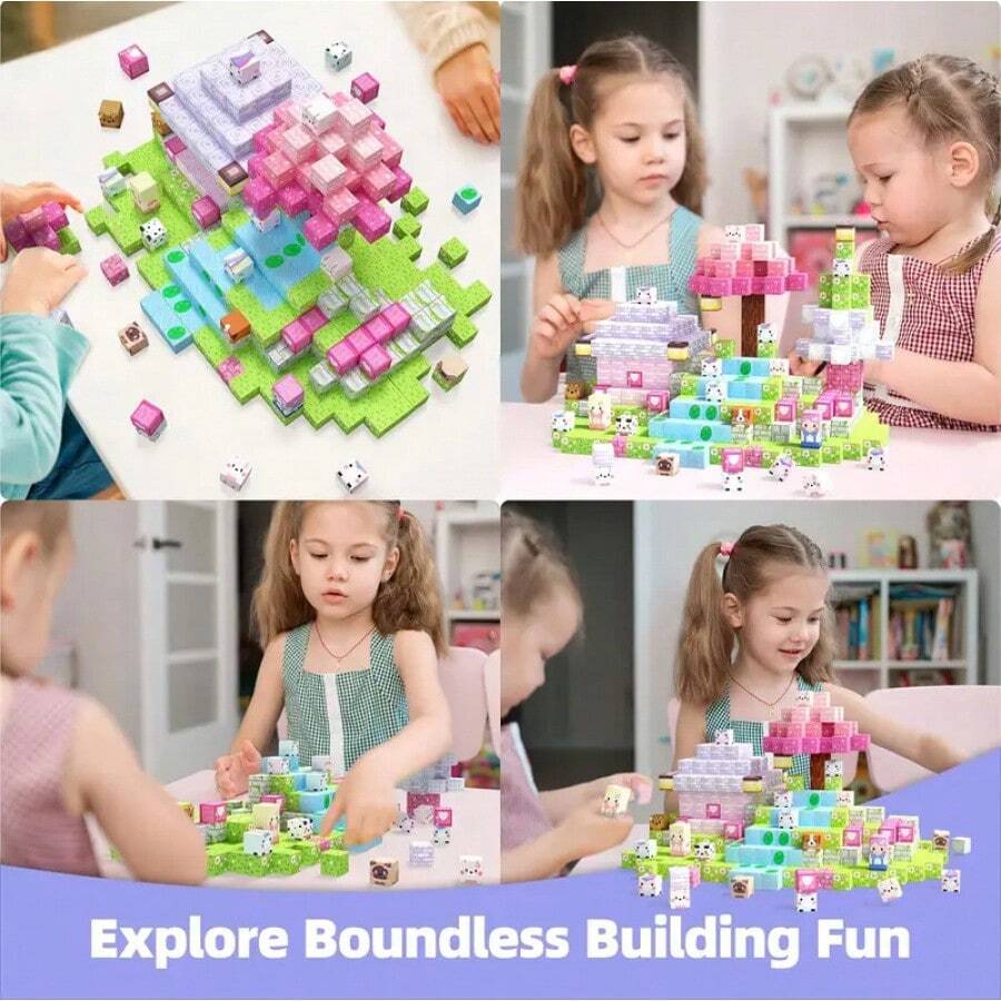 Bloques de Construcción Magnéticos Mine World, Juego de Cubos con Diseño de Corazón Rosa, Flores, Plantas y Zombis, Regalos para Niños - 50 unidades - Ver 1
