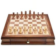 Easytoday 32cm/12.8inch Premium New Desktop Wooden Chess Set, Comes With 2 Extra Queens, Equipped With 2 Built-In Storage Drawers, New Chess Game, Suitable For Various Holiday Gifts, Party Games And Activities - Brown - View 4