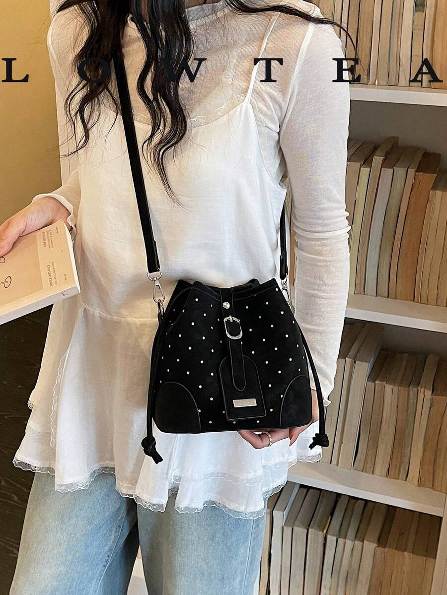 low tea 1pc Solid Color PU Drawstring Closure Fashionable Crossbody Bag, Polka Dot Print, Suitable For Women's Daily Use