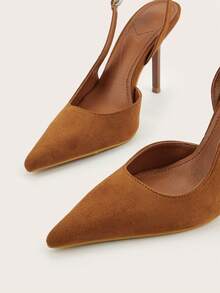 Pointed Toe Closed Toe Brown Faux Suede Minimalist Premium Office Buckle Open Heel Stiletto High Heels - Brown - View 3