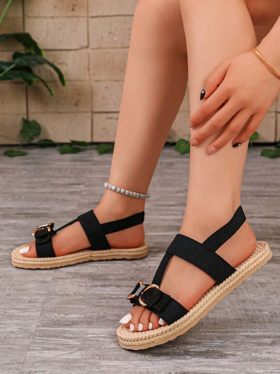1 Pair Women Black Summer Design Style Woven Rhinestone Flat Sandals, Back Strap Open Toe Slip On Casual Footwear - Black - View 1