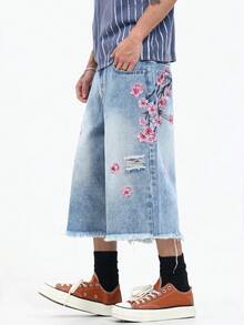 1 buah Celana Pendek Denim Biru Sobek Bordir Gaya Amerika Vintage untuk Pria, Desain Sederhana (Tidak Termasuk Sabuk/Aksesoris) - Biru - View 8