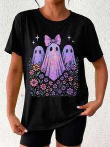 Women Cute Ghost & Floral Print Halloween T-Shirt, Casual Round Neck Short Sleeve Tee, Fall Clothes For Women Back To School Nightmare Before Christmas - 黑色 - 查看 1