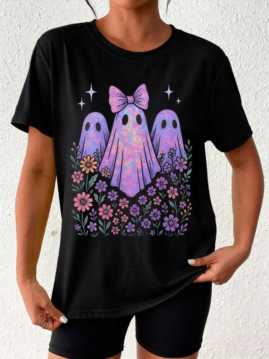Women Cute Ghost & Floral Print Halloween T-Shirt, Casual Round Neck Short Sleeve Tee, Fall Clothes For Women Back To School Nightmare Before Christmas - 黑色 - 查看 1