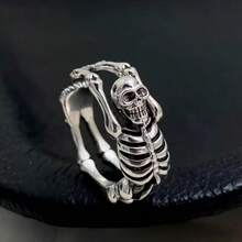 1pc Vintage Skeleton Bone Open Ring, Punk Dark Style Versatile Finger Ring - Antique Silver - View 1
