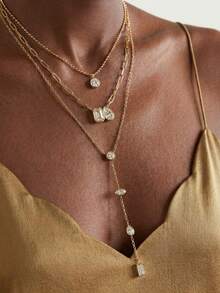 Waterproof Stainless Steel Layered Necklace Set Toi Et Moi CZ Pendant Paperclip Chain Y-Lariat Deep V Summer Evening Jewelry - Yellow Gold - View 2