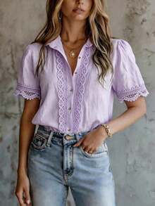 Elegant Women's Solid Color Embroidered Lace Patchwork Blouse, Versatile For Home, Daily Wear, All Seasons Summer - Mauve Purple - View 3